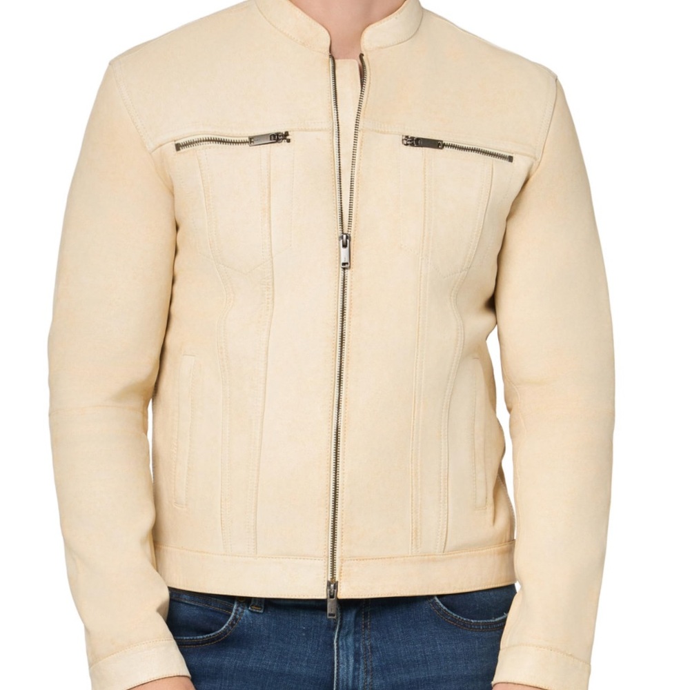 John Varvatos Men's Brando Leather Jacket, Ecru Size
